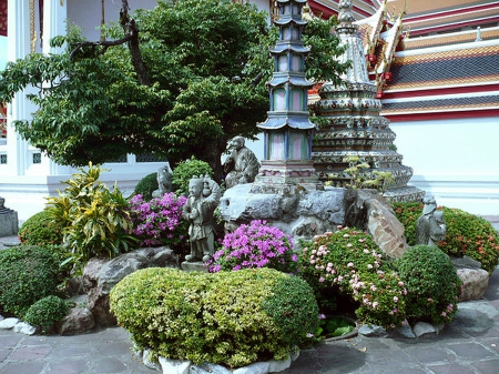 Thai Temple - flowers, garden, temple, thailand