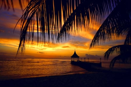 Montego bay-Jamaica - sundown, amazing, beach, Jamaica, shore, exotic, palm trees, nice, sky, palms, water, beautiful, sea, lovely, ocean, pier, nature, sunset, Montego, bay