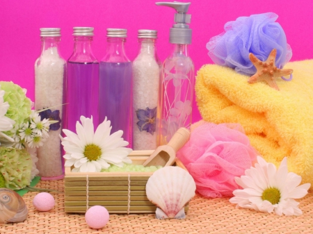 Tender life - flowers, sponge, bottle, spa, towel