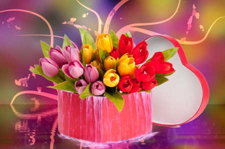 Tulips with love - beautiful, bouquet, harmony, background, fantasy, heart, colorful, delicate, pretty, tulips, flowers, love, photoshop, reflection, nice, gift, lovely, basket