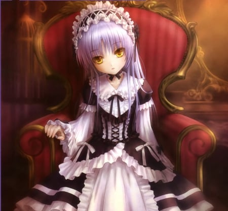 Maid - nice, female, kanade, hot, anime girl, pretty, angel beats, anime, cute, yellow eyes, sexy, tachibana, girl, long hair, purple hair, lovely, chair, sweet, tachibana kanade, maid