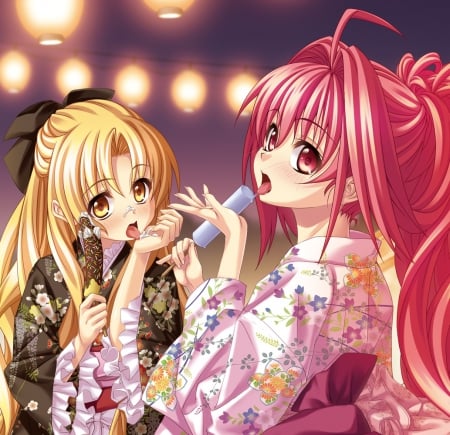 Ice Cream - pretty, anime, female, blonde, blond hair, long hair, ice cream, eat, blond, yummy, nice, anime girl, delisious, hungry, hot, girl, blonde hair, kimono, lovely, sweet, yukata, eating, cute, sexy