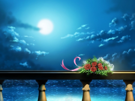 Under the moonlight - bouquet, moonlight, sky, flowers