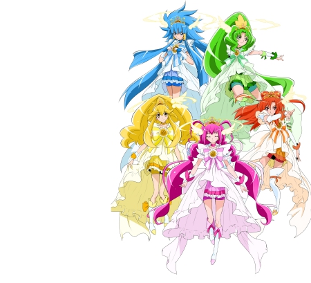 Smile PreCure! - anime, twin tail, female, twintail, team, dress, blonde, blond hair, green hair, long hair, group, smile precure, blue hair, blond, plain, pink hair, twin tails, gown, anime girl, twintails, hot, girl, simple, blonde hair, pretty cure, precure, magical girl, cute, sexy, orange hair