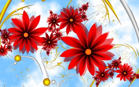 Blossoms - daisies, red, arrangement, artwork