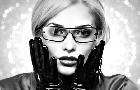 Tatyana Kotova - woman, beauty, glasses, girl, black, gloves, model, tatyana kotova, white, blonde