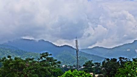 mountains - clouds, mountains, green, tower