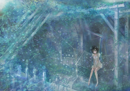 beautiful dream - house, anime, anime girl, beautiful dream, butterflies, dream, colorful, garden, cute