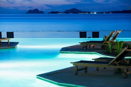 Moonlit Pool - islands, swimming, paradise, night, tropical, sunset, loungers, exotic, polynesia, evening, island, twilight, moonlight, dusk, pool, lights