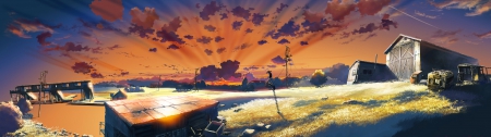 sunset - sky, landscape, trees, sundown, anime landscape, anime, sunset