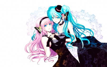 Hatsune & Megurine - hatsune miku, hat, headband, blue eyes, pink hair, gloves, ponytails, blue hair, black dresses, pretty, vocaloid, megurine luka, anime, friends