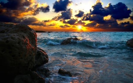 fantastic sunset over rocky seacoast - clouds, sunset, sea, coast, rocks