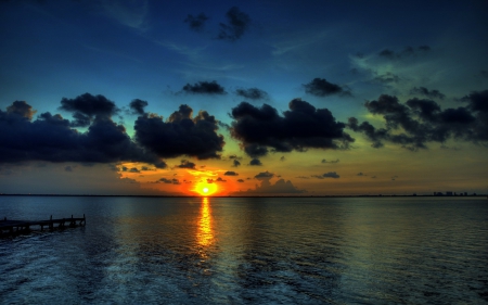 amazing sea sunset - pier, dark, clouds, sunset, sea