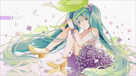 Beautiful Hatsune - hatsune miku, ponytails, blue hair, pretty, vocaloid, petals, anime, leaves, flowers