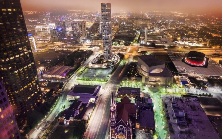 central dallas at night - arena, streets, lights, skyscrapers, city, night, church