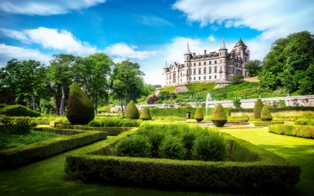 garden below wonderful dunrobin castle in scotland - hill, fountain, trees, castle, garden