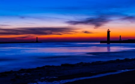 lighthouse at a colorful twilight - lighthouse, pier, twilight, harbor, colors