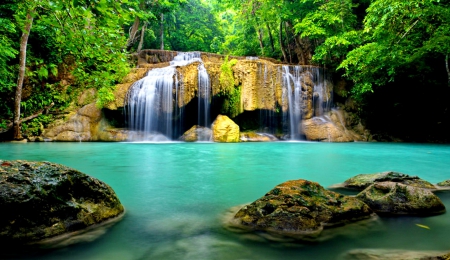 Forest fall - calm, greenery, quiet, falling, trees, blue, beautiful, stream, forest, lovely, fall, nature, waterfall, serenity, nice, place