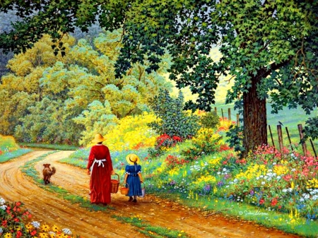 The berry pickers - nice, woman, trees, peaceful, countryside, field, path, road, calm, quiet, pickers, dog, retro, kid, berry, mother, summer, child, lovely, serenity, nature, forest, beautiful, flowers