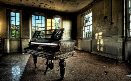 Abandoned Piano - room, instrument, windows, broken