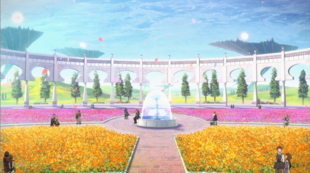 SAO: Floria Gate Plaza - pretty, anime, people, fountain, scenery, romantic, blossom, landscape, scene, romance, garden, sword art online, sao, nice, sky, water, beautiful, scenic, beauty, lovely, love, sweet, flower, cloud, floral, lover, couple, park