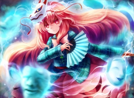 Hata no Kokoro - fan, female, hot, emotional, anime girl, gloom, touhou, sparks, sinister, anime, cute, sexy, creep, girl, gloomy, sad, light, long hair, sorrow, hata no kokoro, glow, serious, dress