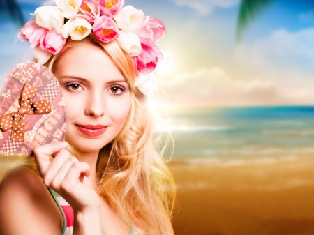 Pretty face - face, model, flowers, beach, woman