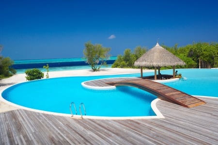 Clear Aqua Beach Pool - lagoon, blue, beach, island, polynesia, sand, tahiti, aqua, swimming, exotic, turquoise, paradise, water, beautiful, sea, ocean, islands, tropical, pool, decking