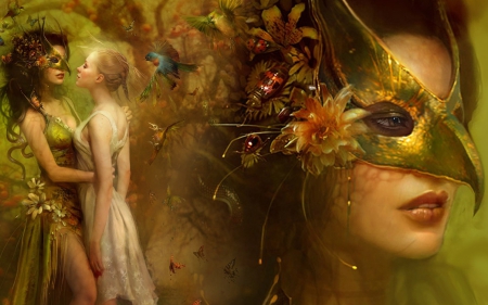 Golden Mask - nice, woman, mask, serene, girl, wallpaper, fantasy, art, fine, beautiful, golden, digital, flowers, butterflies