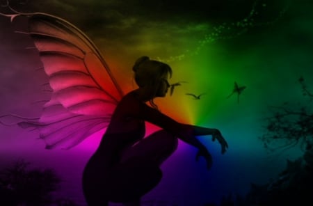 Rainbow Fairie - beautiful, photography, photoshop, serene, silhouette, angel, colors, lovely, colorful, fantasy, rainbow, digital, fairy, art, wallpaper