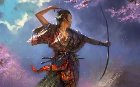 Archer Girl - archer, beautiful, girl, fantasy, oriental, digital, woman, nice, fine, art, wallpaper