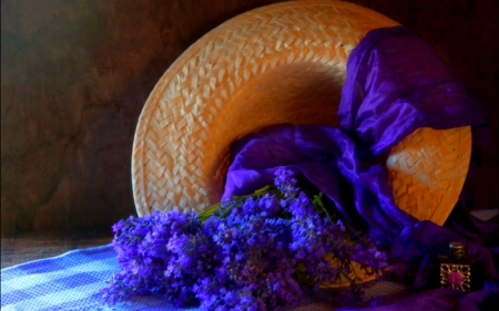 Still life - ribbon, hat, flowers, still life, blue