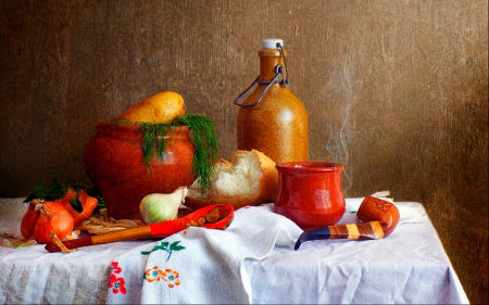 Still life - pot, bread, bottle, food, still life