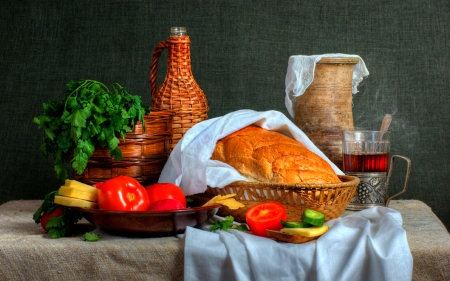 Still life - bread, pepper, food, still life, jar