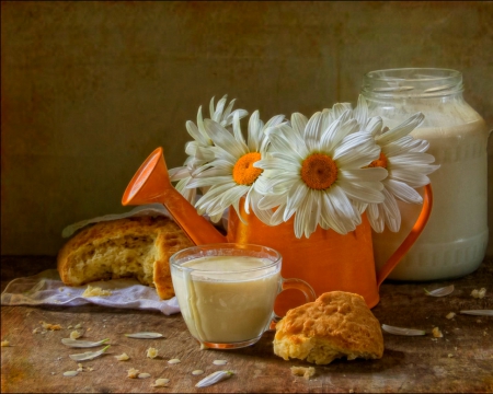 Still life - bread, flowers, milk, food, still life, glass