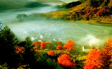 AUTUMN VALLEY - houses, valley, hills, trees, fog, mountains