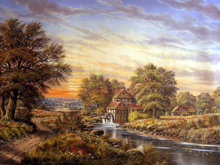 Summer - River, Village, Summer, Painting