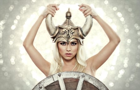 Inna - hat, edward aninaru, by cehenot, singer, girl, blonde, photo, horns, music, viking, armor, white, woman, glitter, inna