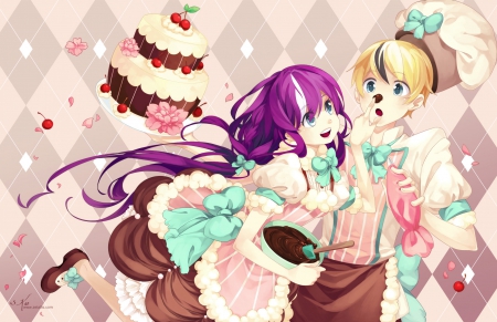 sweet couple - cherries, anime couple, anime, anime girl, blond hair, love, flowers, in love, cute, couple, cake, purple hair, anime boy