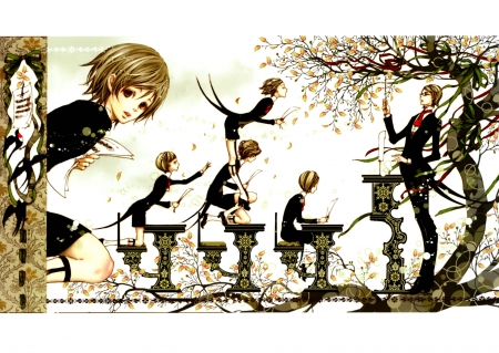 class - class, flowers, anime boys, tree, anime, old fashion