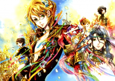 colorful princes - anime, kingdom, girl, cool, long hair, short hair, colorful, glasses, colorful prince, anime boys, boys, sky