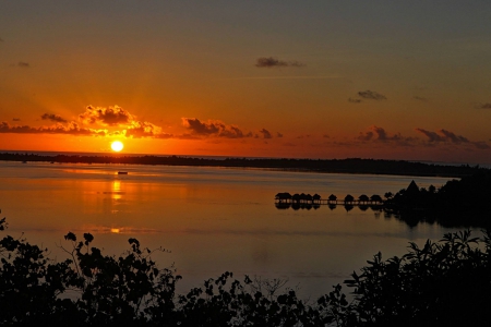 Bora Bora Sunset - beach, paradise, water, sunset, bungalows, bora bora, evening, lagoon, orange, dusk, ocean, islands, tropical, exotic, villas, island, sea, tahiti