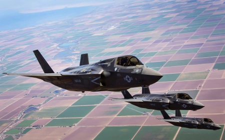 a flight of F-35 lightning II - fields, flight, military, planes