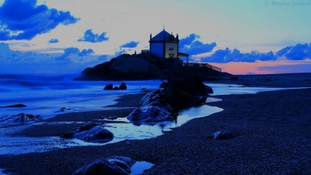 lovely chapel on a rocky beach - dusk, rocks, beach, chapel, sea