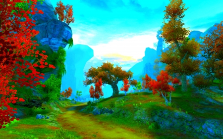 PATH to WONDERLAND - path, screenshot, game, trees, rock, landscape, colors, woods