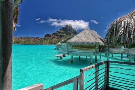 Water Villas - Bora Bora - villas, lagoon, blue, beach, island, polynesia, tahiti, aqua, exotic, waters, paradise, bungalows, water, sea, ocean, islands, tropical, bora bora, clear