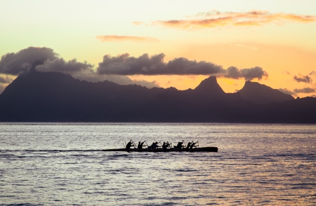 Tahiti Canoe at Sunset - ocean, rowing, islands, paradise, tropical, sunset, exotic, evening, bora bora, island, canoe, dusk, sea, boat, tahiti