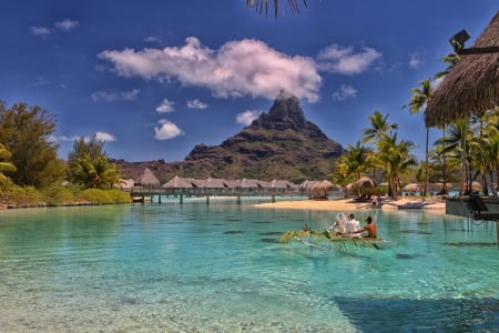 Canoeing in Bora Bora - lagoon, blue, beach, boat, sea, island, polynesia, ocean, tahiti, islands, tropical, bora bora, exotic, paradise, canoe