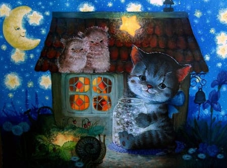 M.Rytova. starlight night - art, nting, stars, cat, mooin, night, owl