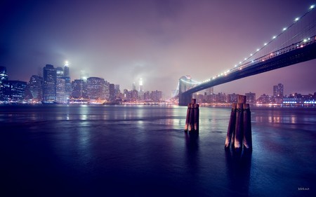 Cross the bridge - city lights, skyline, water, night time, beach, cityscape, bridge, buildings, night, architecture, city, sea, metropolis